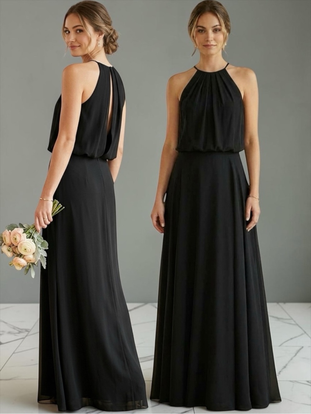 Kanali K. Chiffon Halter Spaghetti Strap Maxi Formal Bridesmaid Dress Gown